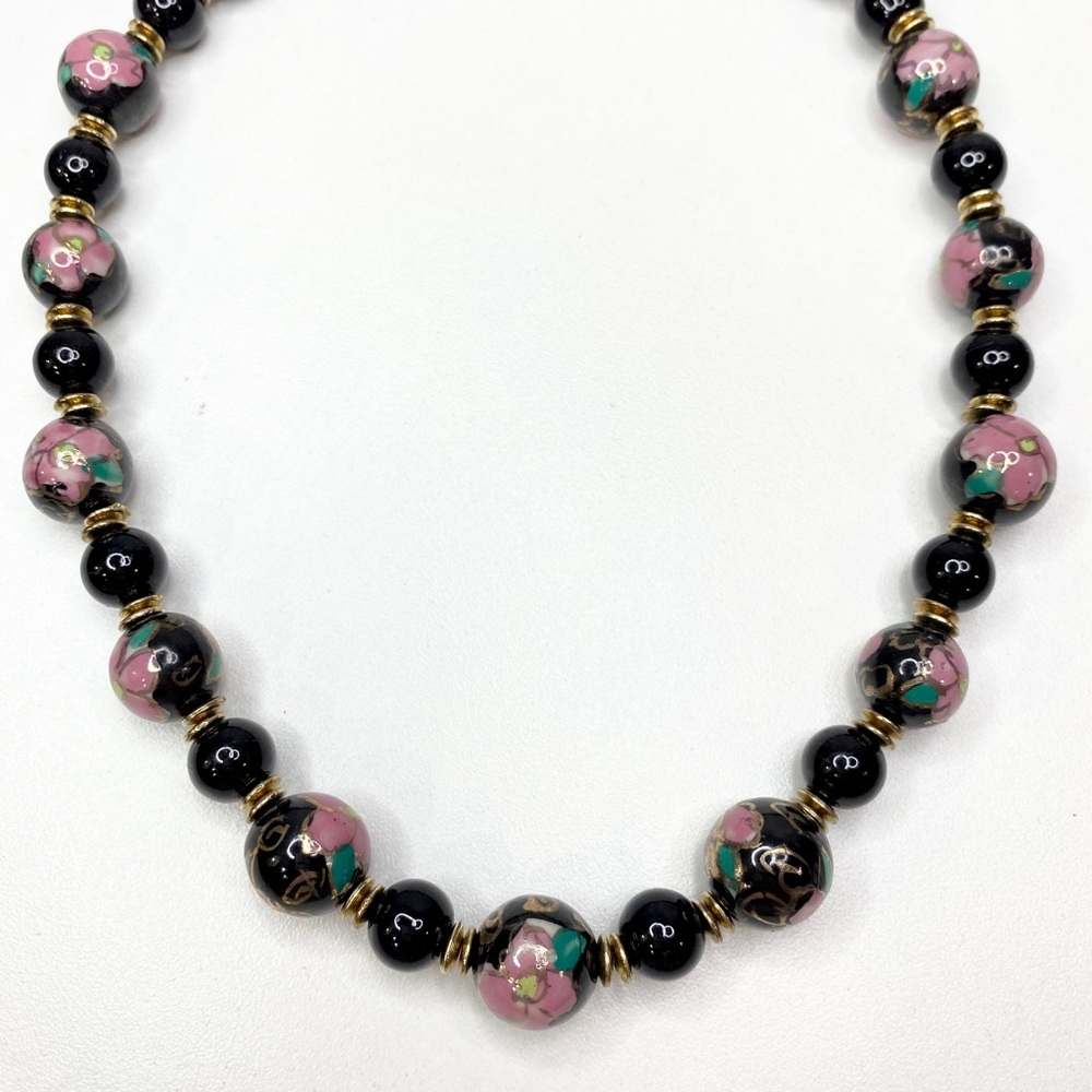 Reclaimed Vintage Handmade Painted Pink Floral Black Beaded Necklace